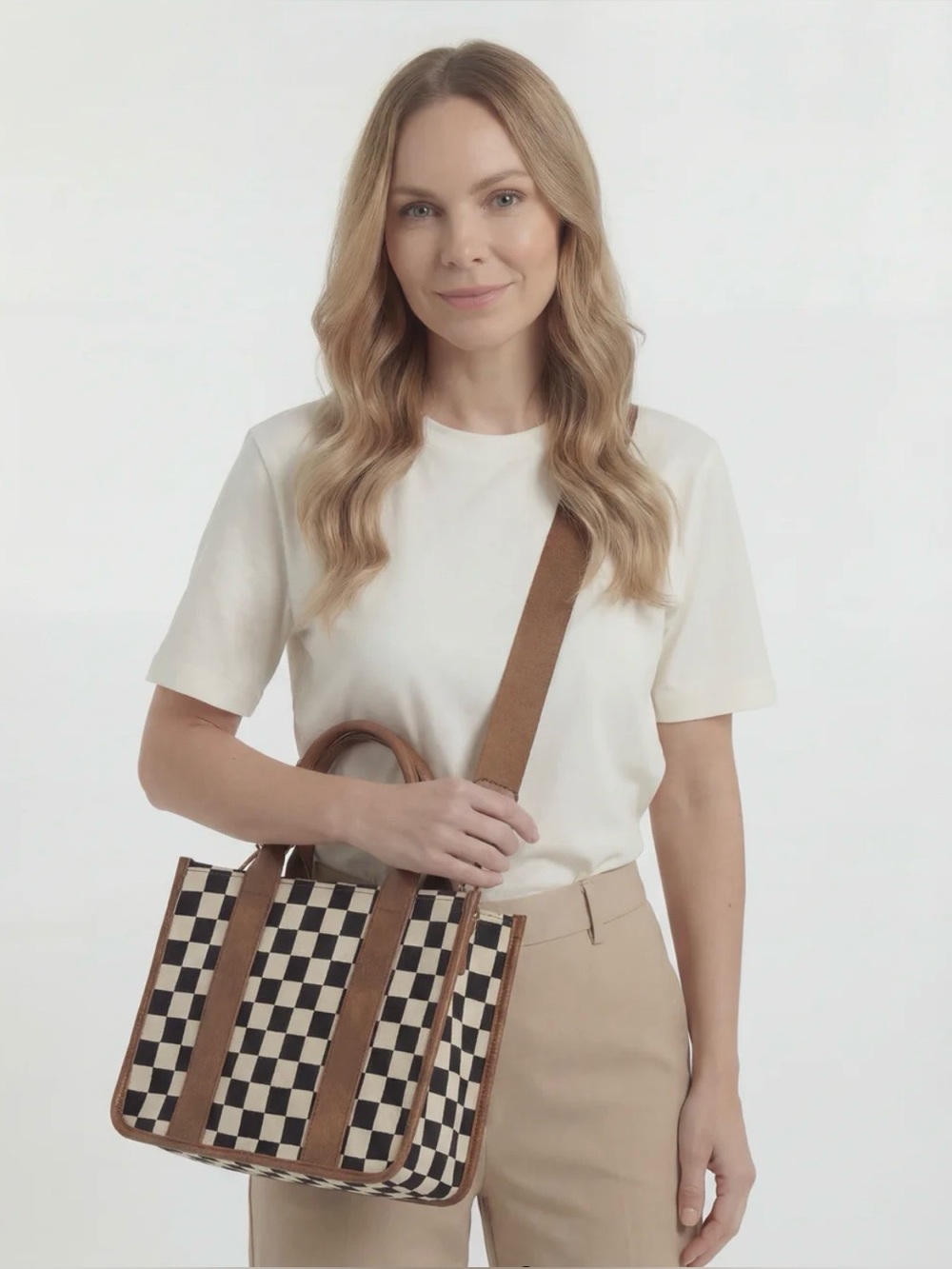 Black & Cream Checkerboard Tote Bag with Shoulder Strap